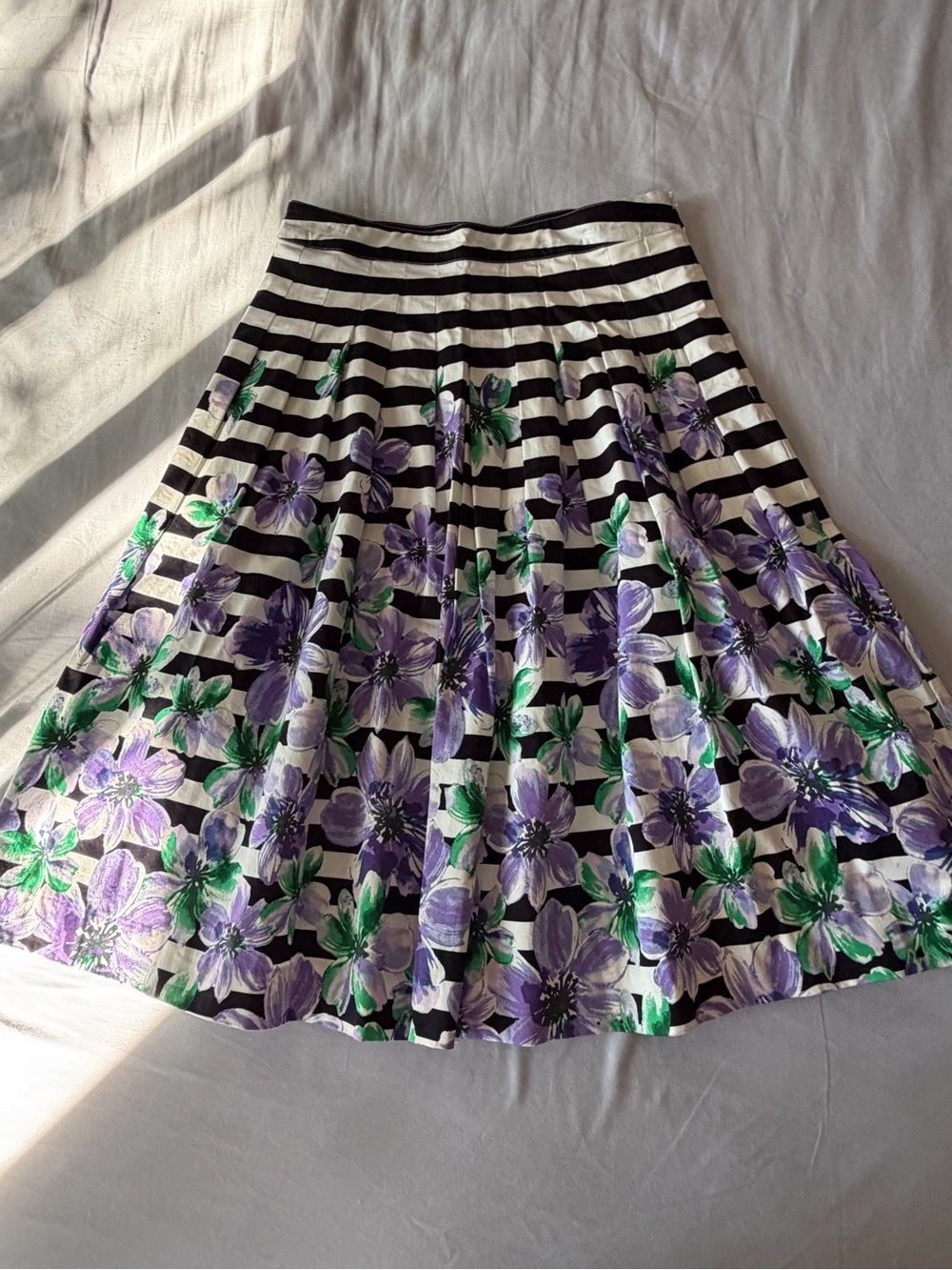 Floral Stripe A-Line Skirt - Black & White with Purple Floral Print
